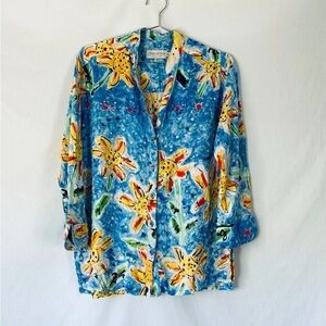 Jams World XL Sunflower‎ Print Button Up Rayon Shirt Women's 3/4 Sleeve Boho